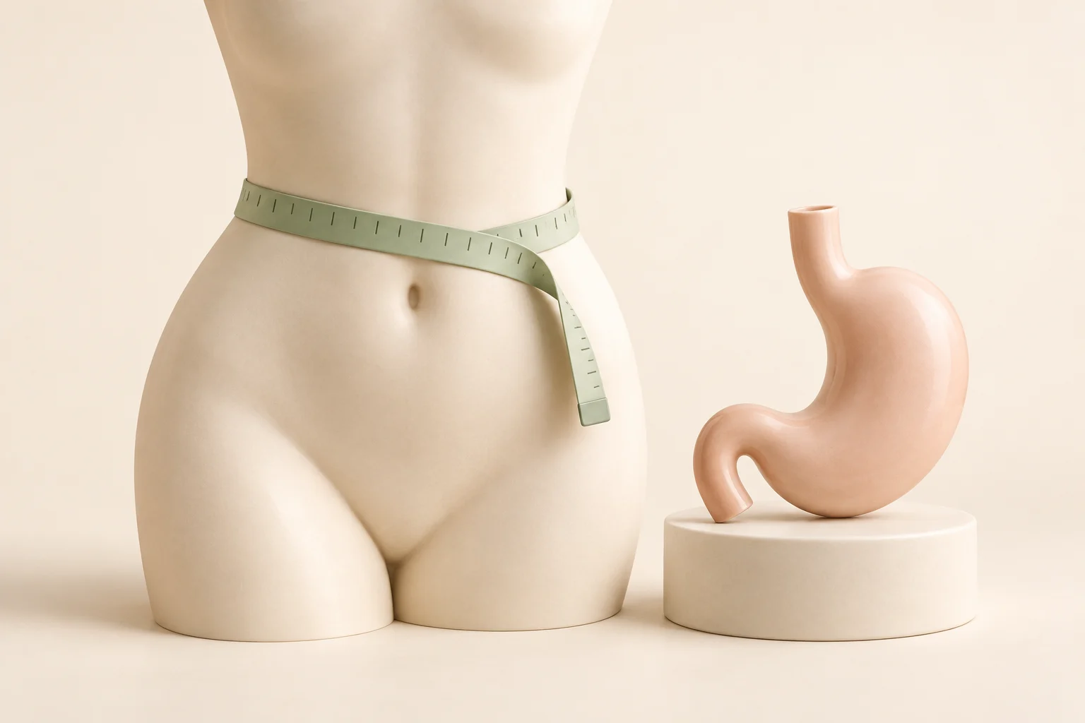 A waist model with a measuring tape beside a stomach model