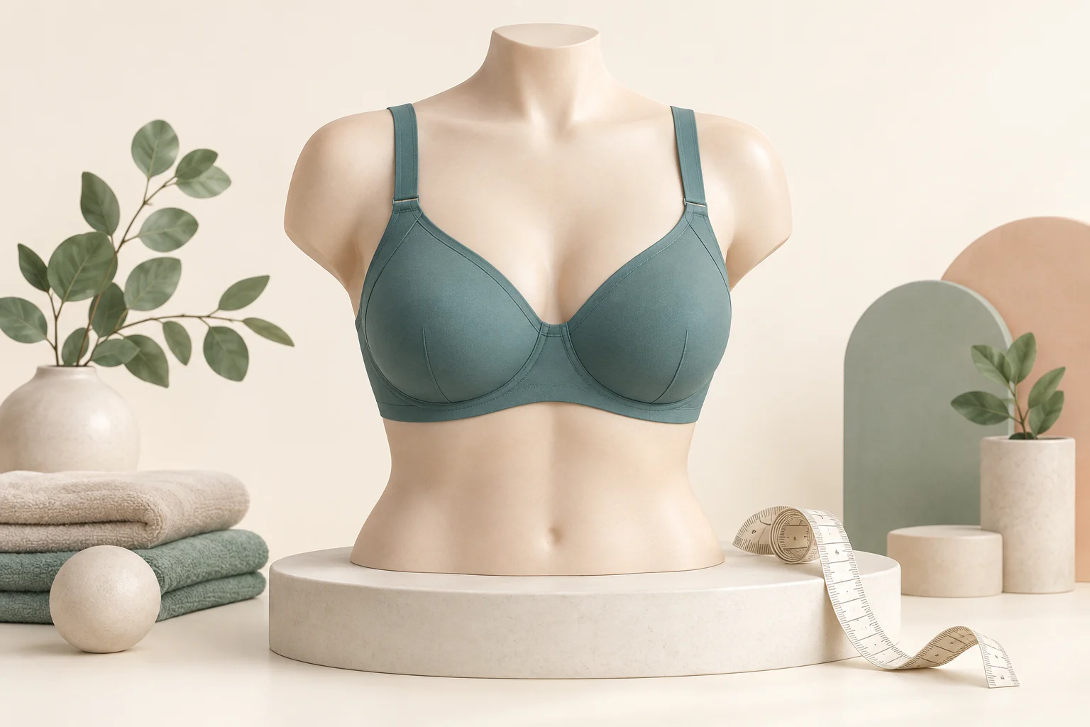 A medical torso model in a supportive bra beside a measuring tape