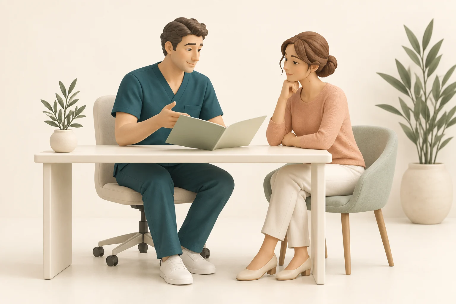 A clinician and patient discussing a treatment plan at a desk