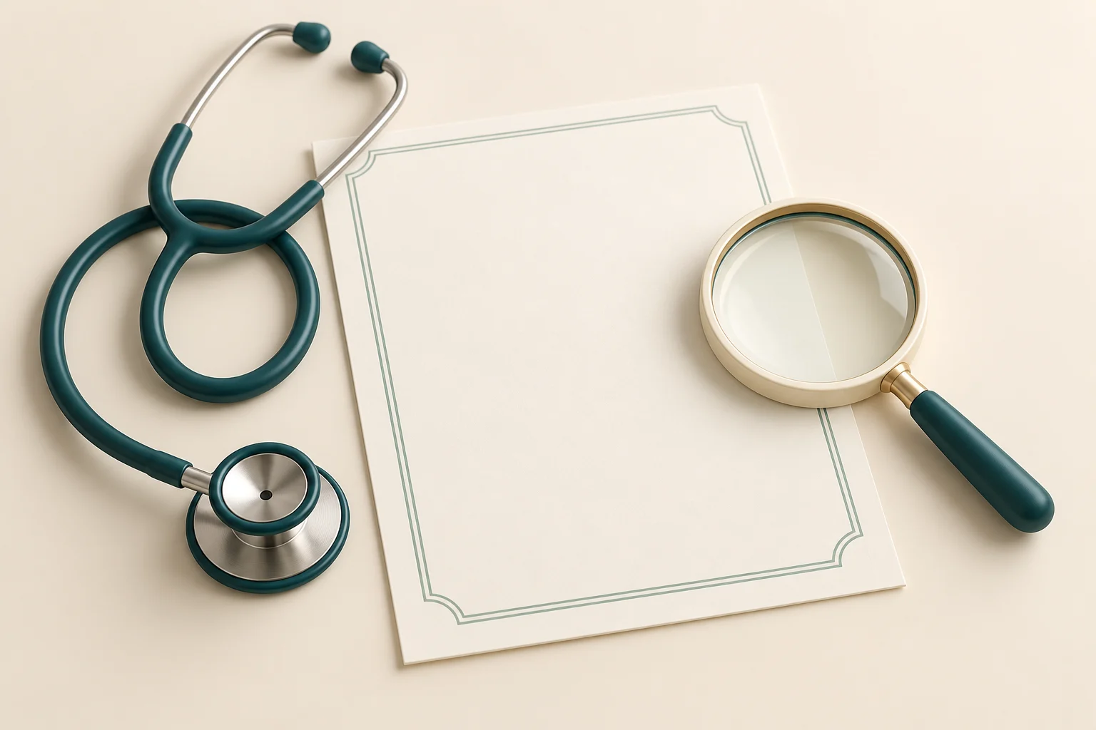 A medical document, magnifying glass and stethoscope for checking credentials