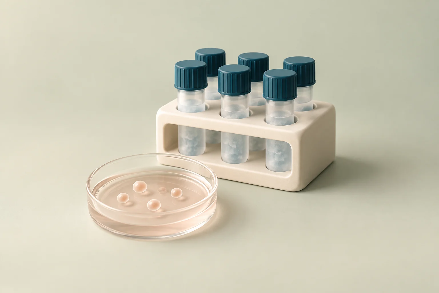 A laboratory vial rack and petri dish illustrating fertility treatment and storage