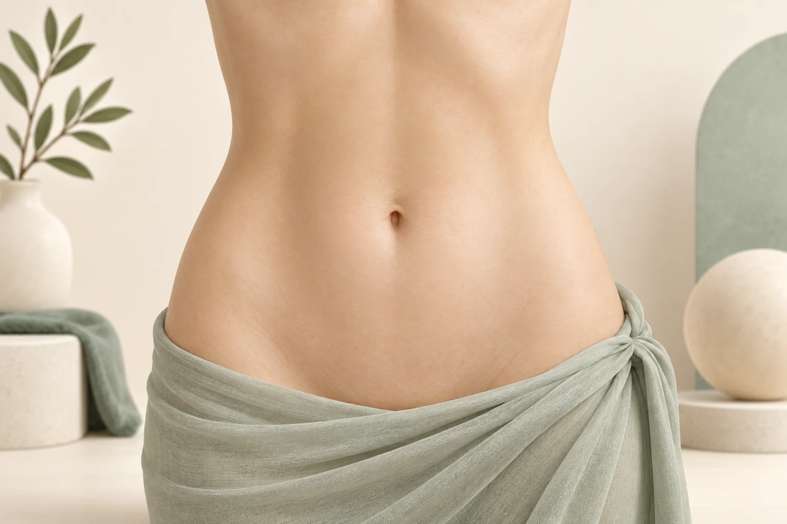 An adult abdomen model with the navel and waist in view