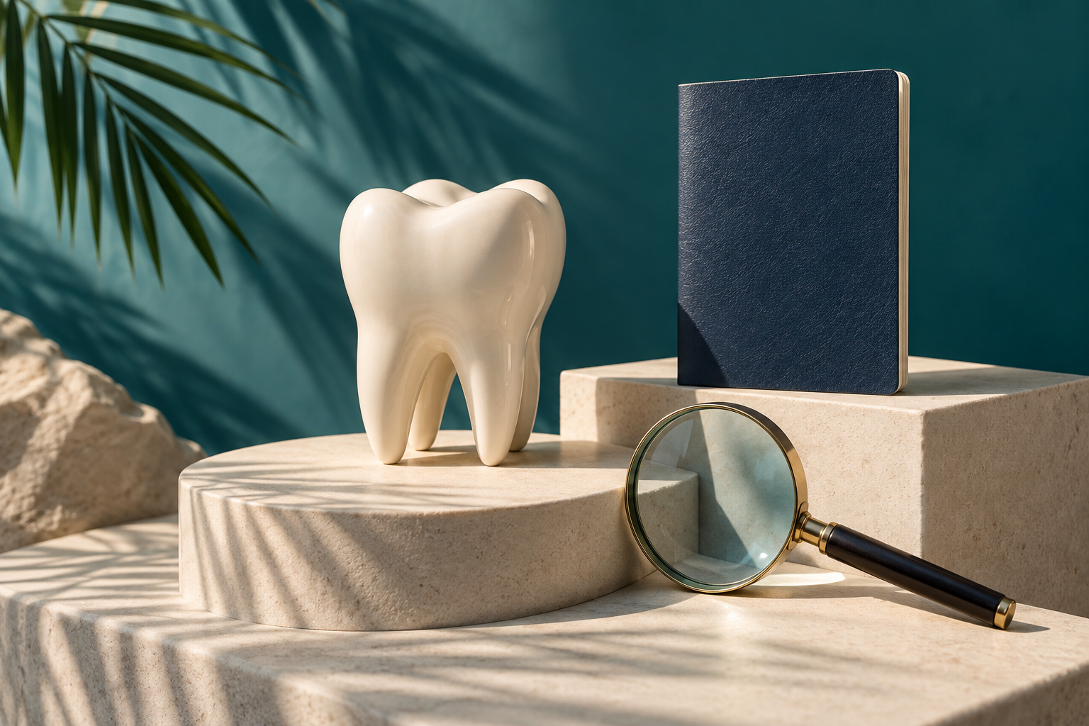 Ceramic tooth, passport and magnifying glass in an editorial still life